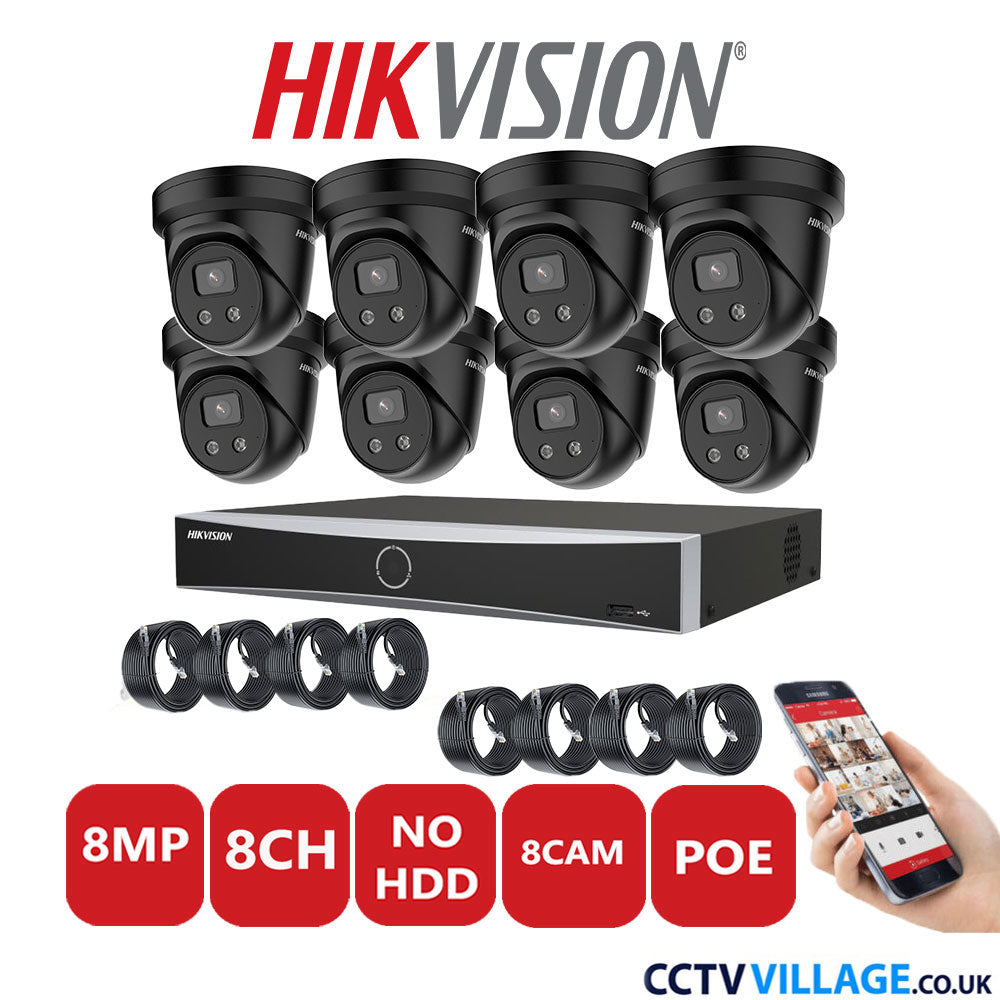 Hikvision 8MP IP CCTV System 8 Channel NVR-DS7608NXI-K1/8P with 8x Turret Cameras DS-2CD2386G2-IU Black No HDD Full Kit