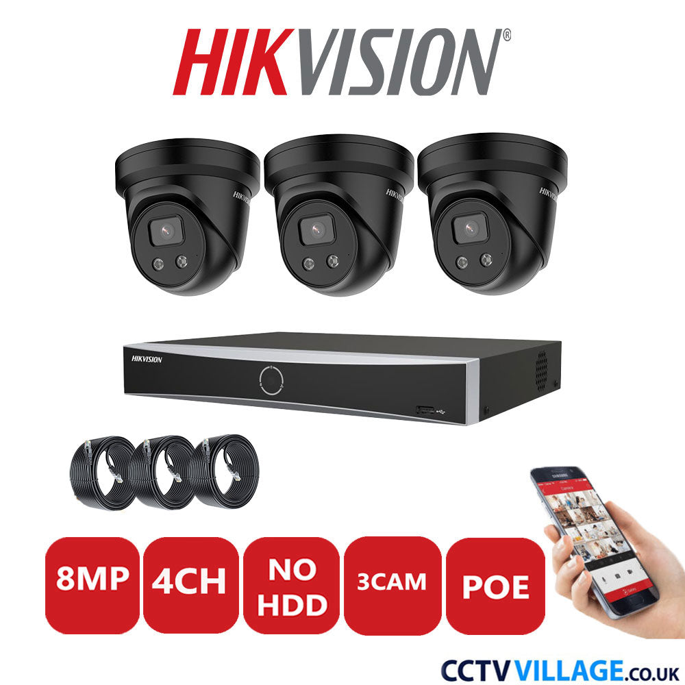 Hikvision 8MP IP CCTV System 4 Channel NVR-DS7604NXI-K1/4P with 3x Turret Cameras DS-2CD2386G2-IU Black No HDD Full Kit