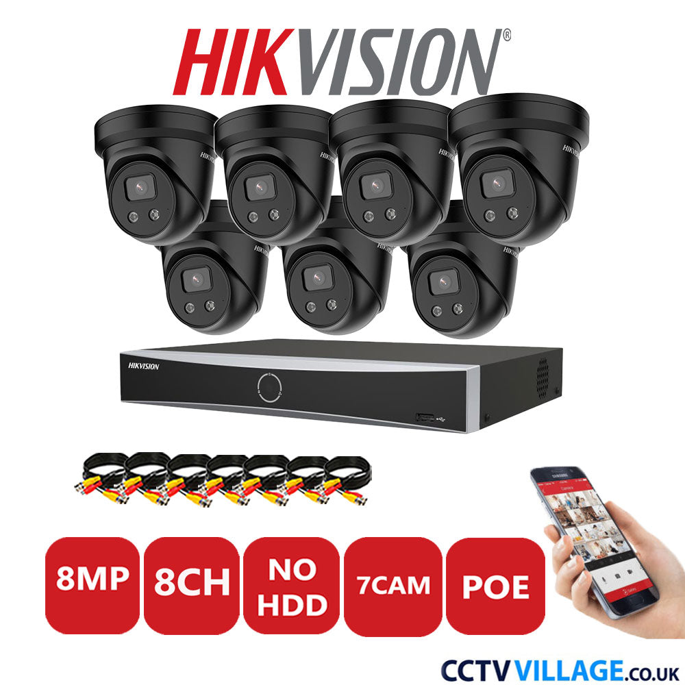 Hikvision 8MP IP CCTV Kit 8 Channel NVR-DS7608NXI-K1/8P with 7x Turret Cameras DS-2CD2386 G2-IU Black No HDD Full Kit