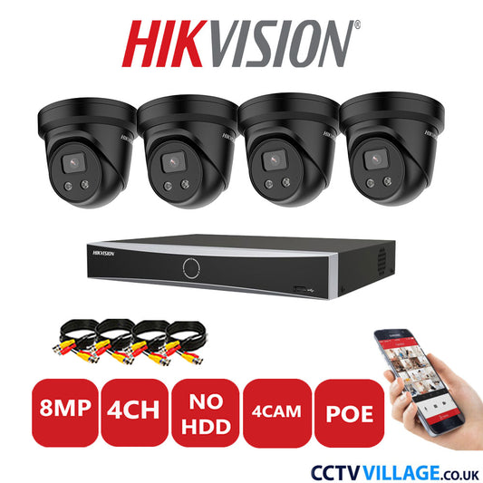 Hikvision 8MP IP CCTV Kit 4 Channel NVR-DS7604NXI-K1/4P with 4x Turret Cameras DS-2CD2386G2-IU Black No HDD Full Kit