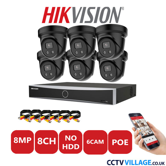 Hikvision 8MP IP CCTV Kit 8 Channel NVR-DS7608NXI-K1/8P with 6x Turret Cameras DS-2CD2386G2-IU Black No HDD Full Kit