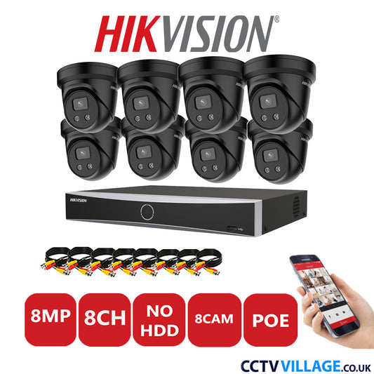 Hikvision 8MP IP CCTV Kit 8 Channel NVR-DS7608NXI-K1/8P with 8x Turret Cameras DS-2CD2386G2-IU Black No HDD Full Kit