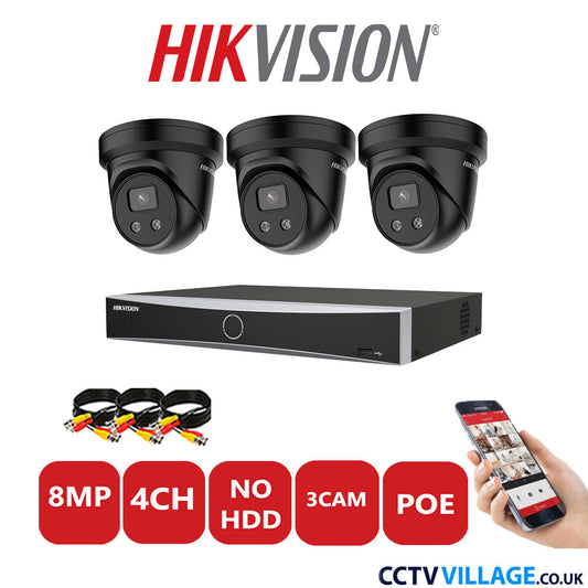 Hikvision 8MP IP CCTV Kit 4 Channel NVR-DS7604NXI-K1/4P with 3x Turret Cameras DS-2CD2386G2-IU Black No HDD Full Kit