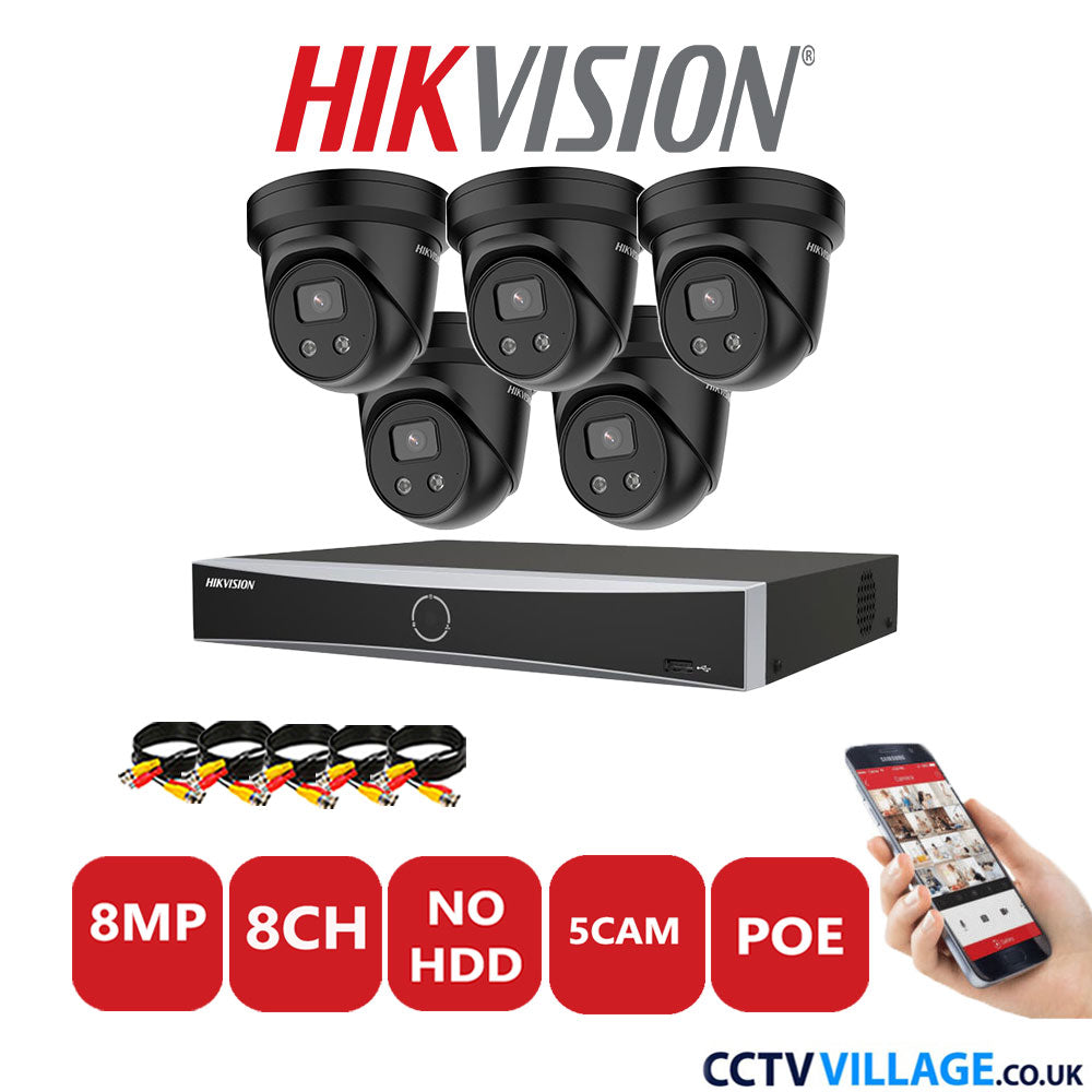 Hikvision 8MP IP CCTV Kit 8 Channel NVR-DS7608NXI-K1/8P with 5x Turret Cameras DS-2CD2386G2-IU Black No HDD Full Kit