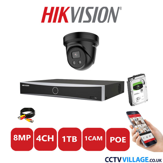 Hikvision 8MP IP CCTV Kit 4 Channel NVR-DS7604NXI-K1/4P with 1x Turret Camera DS-2CD2386G2-IU Black 1TB HDD Full Kit