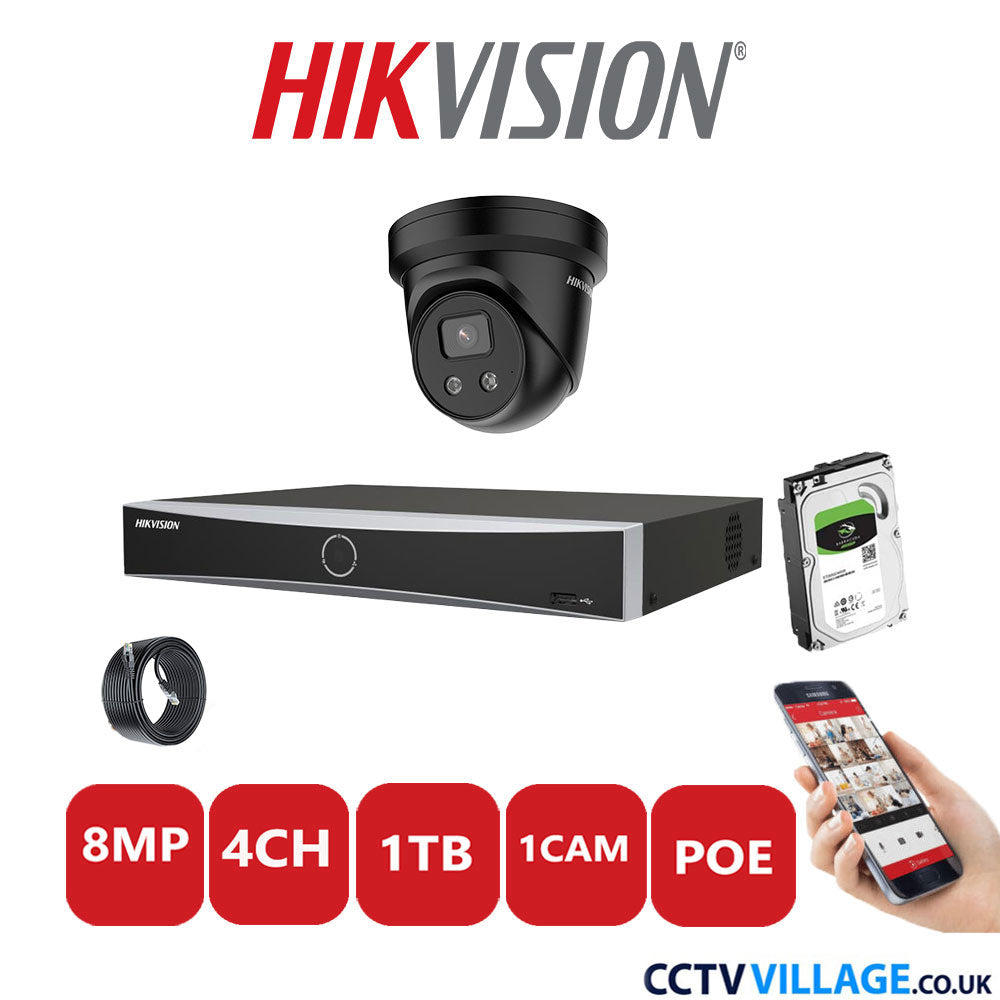 Hikvision 8MP IP CCTV System 4 Channel NVR-DS7604NXI-K1/4P with 1x Turret Camera DS-2CD2386G2-IU Black 1TB HDD Full Kit