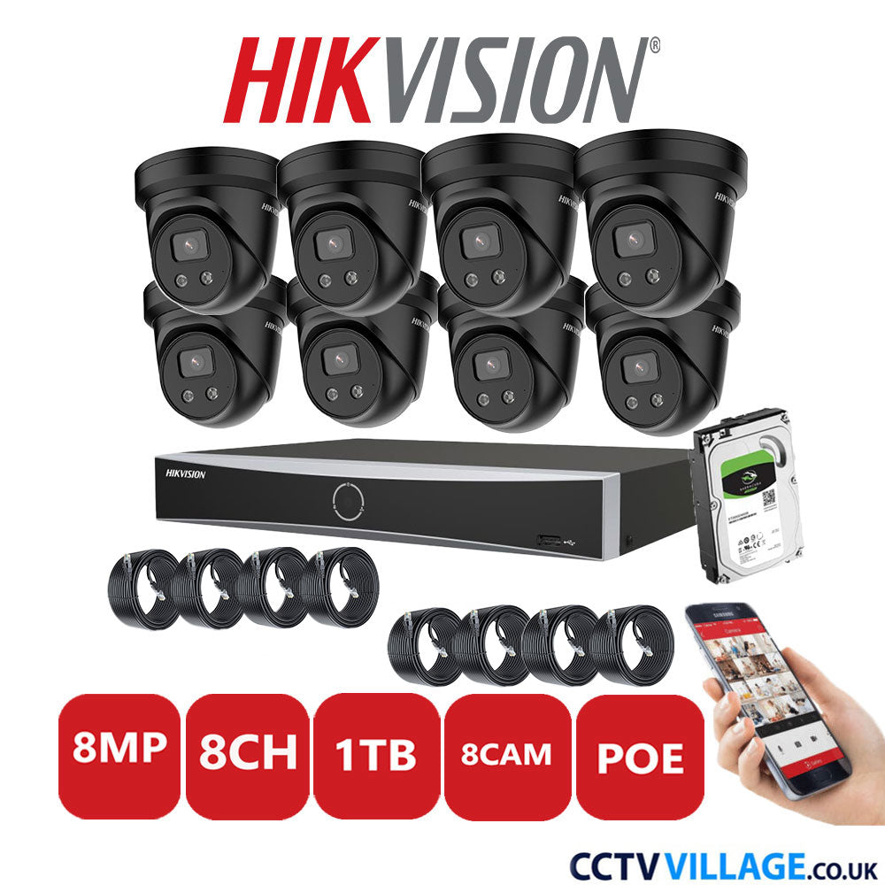 Hikvision 8MP IP CCTV System 8 Channel NVR-DS7608NXI-K1/8P with 8x Turret Cameras DS-2CD2386G2-IU Black 1TB HDD Full Kit