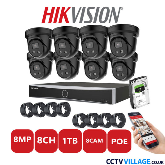 Hikvision 8MP IP CCTV System 8 Channel NVR-DS7608NXI-K1/8P with 8x Turret Cameras DS-2CD2386G2-IU Black 1TB HDD Full Kit