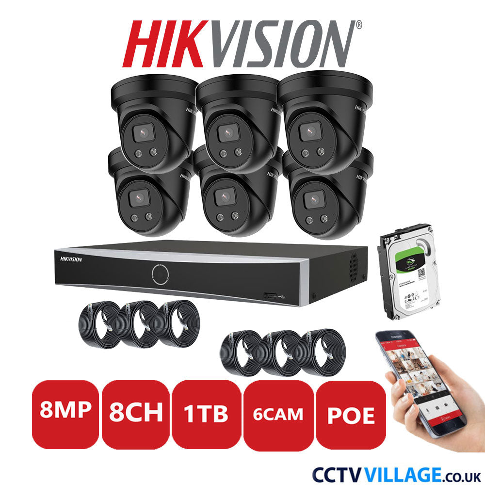 Hikvision 8MP IP CCTV System 8 Channel NVR-DS7608NXI-K1/8P with 6x Turret Cameras DS-2CD2386G2-IU Black 1TB HDD Full Kit