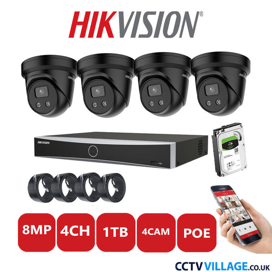 Hikvision 8MP IP CCTV System 4 Channel NVR-DS7604NXI-K1/4P with 4x Turret Cameras DS-2CD2386G2-IU Black 1TB HDD Full Kit