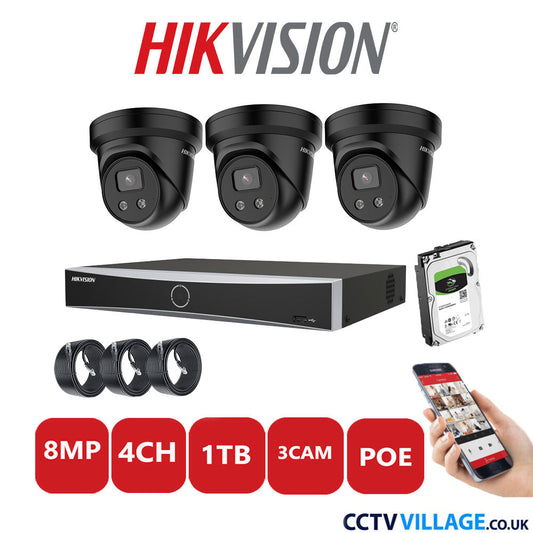 Hikvision 8MP IP CCTV System 4 Channel NVR-DS7604NXI-K1/4P with 3x Turret Cameras DS-2CD2386G2-IU Black 1TB HDD Full Kit