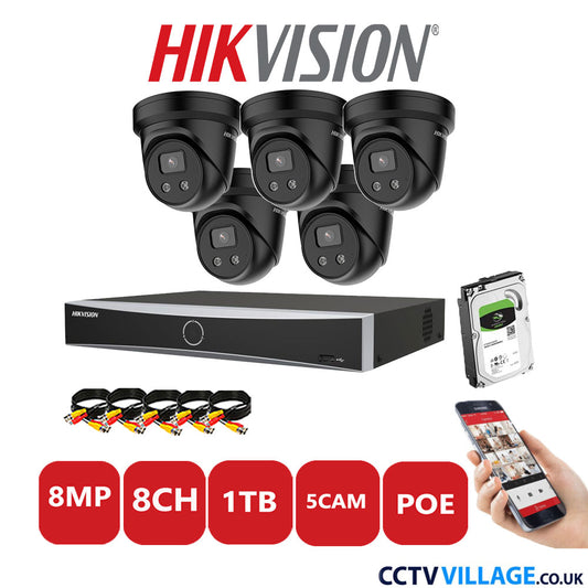 Hikvision 8MP IP CCTV Kit 8 Channel NVR-DS7608NXI-K1/8P with 5x Turret Cameras DS-2CD2386G2-IU Black 1TB HDD Full Kit