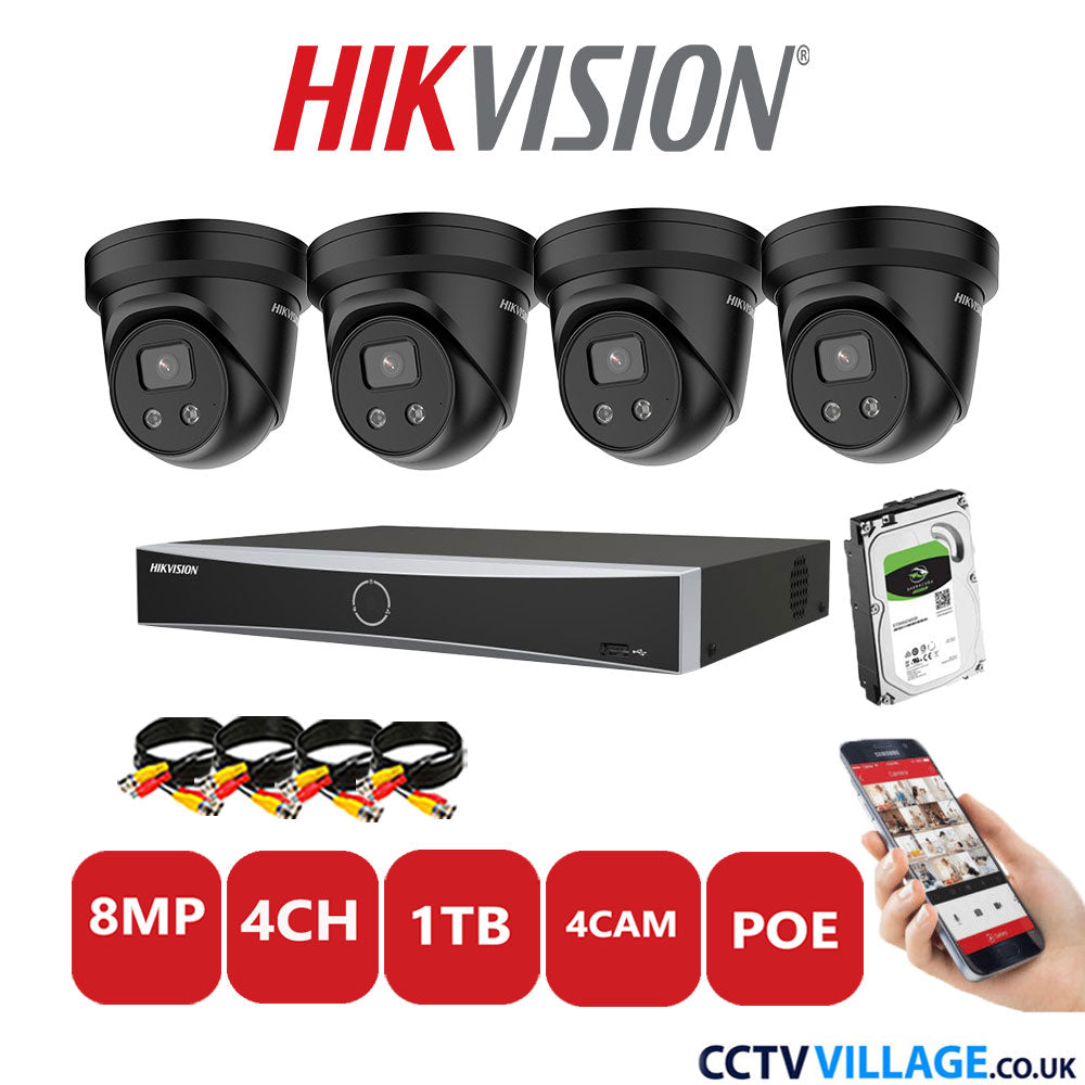 Hikvision 8MP IP CCTV Kit 4 Channel NVR-DS7604NXI-K1/4P with 4x Turret Cameras DS-2CD2386G2-IU Black 1TB HDD Full Kit