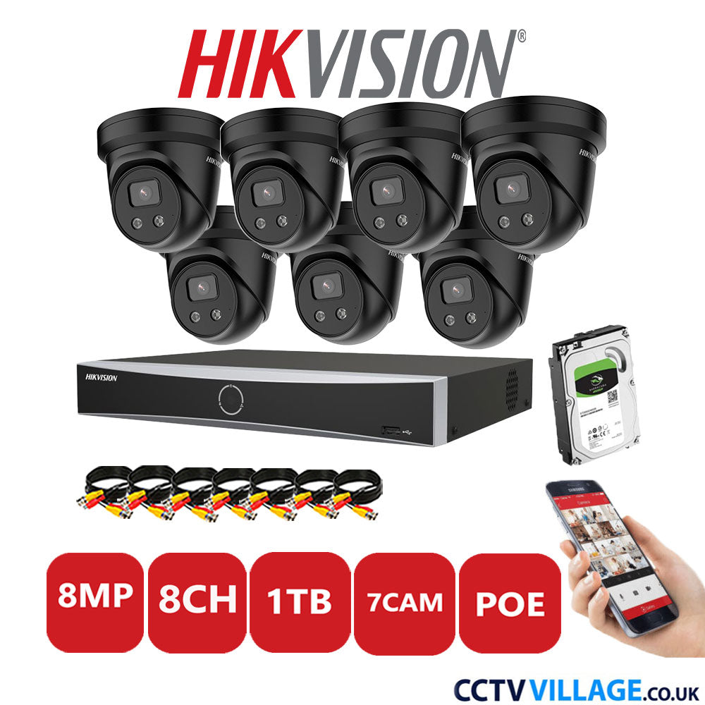 Hikvision 8MP IP CCTV Kit 8 Channel NVR-DS7608NXI-K1/8P with 7x Turret Cameras DS-2CD2386G2-IU Black 1TB HDD Full Kit