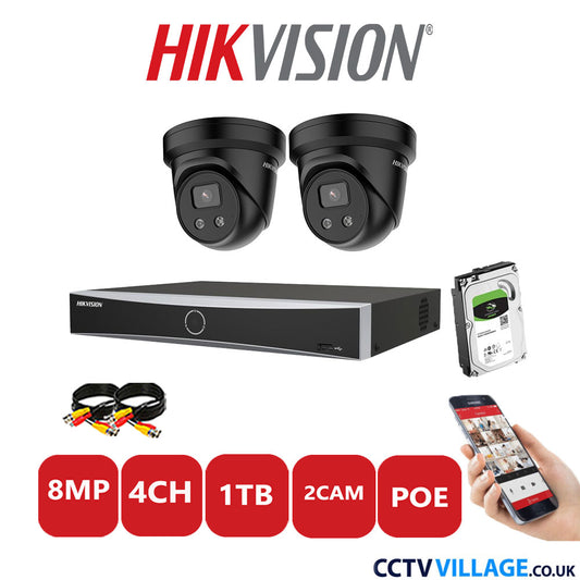 Hikvision 8MP IP CCTV Kit 4 Channel NVR-DS7604NXI-K1/4P with 2x Turret Cameras DS-2CD2386G2-IU Black 1TB HDD Full Kit