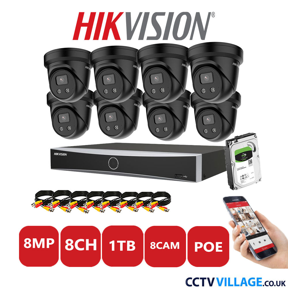 Hikvision 8MP IP CCTV Kit 8 Channel NVR-DS7608NXI-K1/8P with 8x Turret Cameras DS-2CD2386G2-IU Black 1TB HDD Full Kit