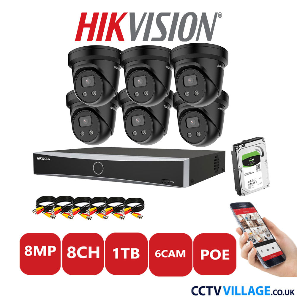 Hikvision 8MP IP CCTV Kit 8 Channel NVR-DS7608NXI-K1/8P with 6x Turret Cameras DS-2CD2386G2-IU Black 1TB HDD Full Kit