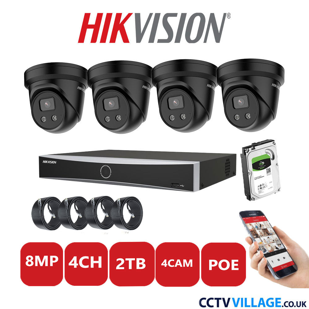 Hikvision 8MP IP CCTV System 4 Channel NVR-DS7604NXI-K1/4P with 4x Turret Cameras DS-2CD2386G2-IU Black 2TB HDD Full Kit