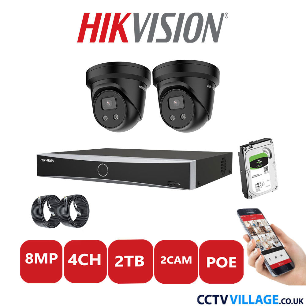 Hikvision 8MP IP CCTV System 4 Channel NVR-DS7604NXI-K1/4P with 2x Turret Cameras DS-2CD2386G2-IU Black 2TB HDD Full Kit