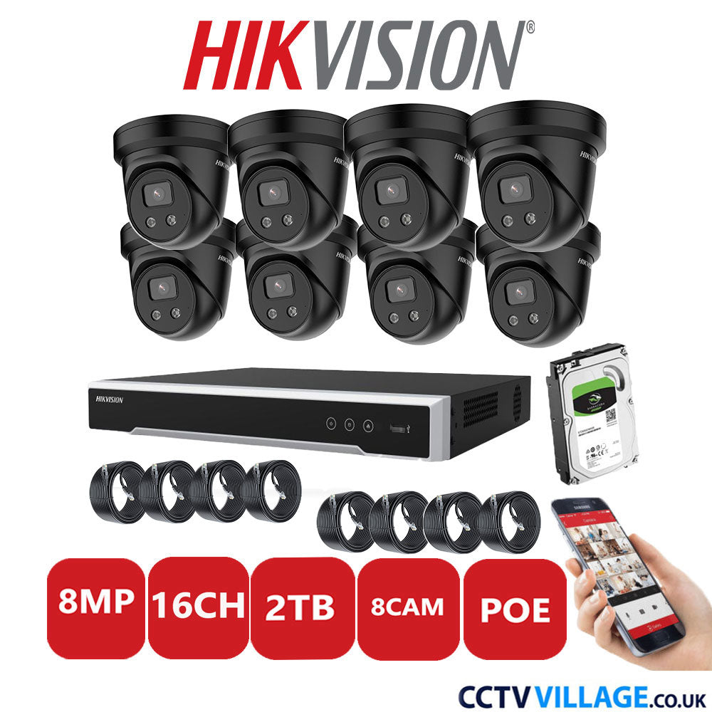 Hikvision 8MP IP CCTV System 16 Channel NVR-DS7616NI-I2/16P with 8x Turret Cameras DS-2CD2386G2-IU Black 2TB HDD Full Kit