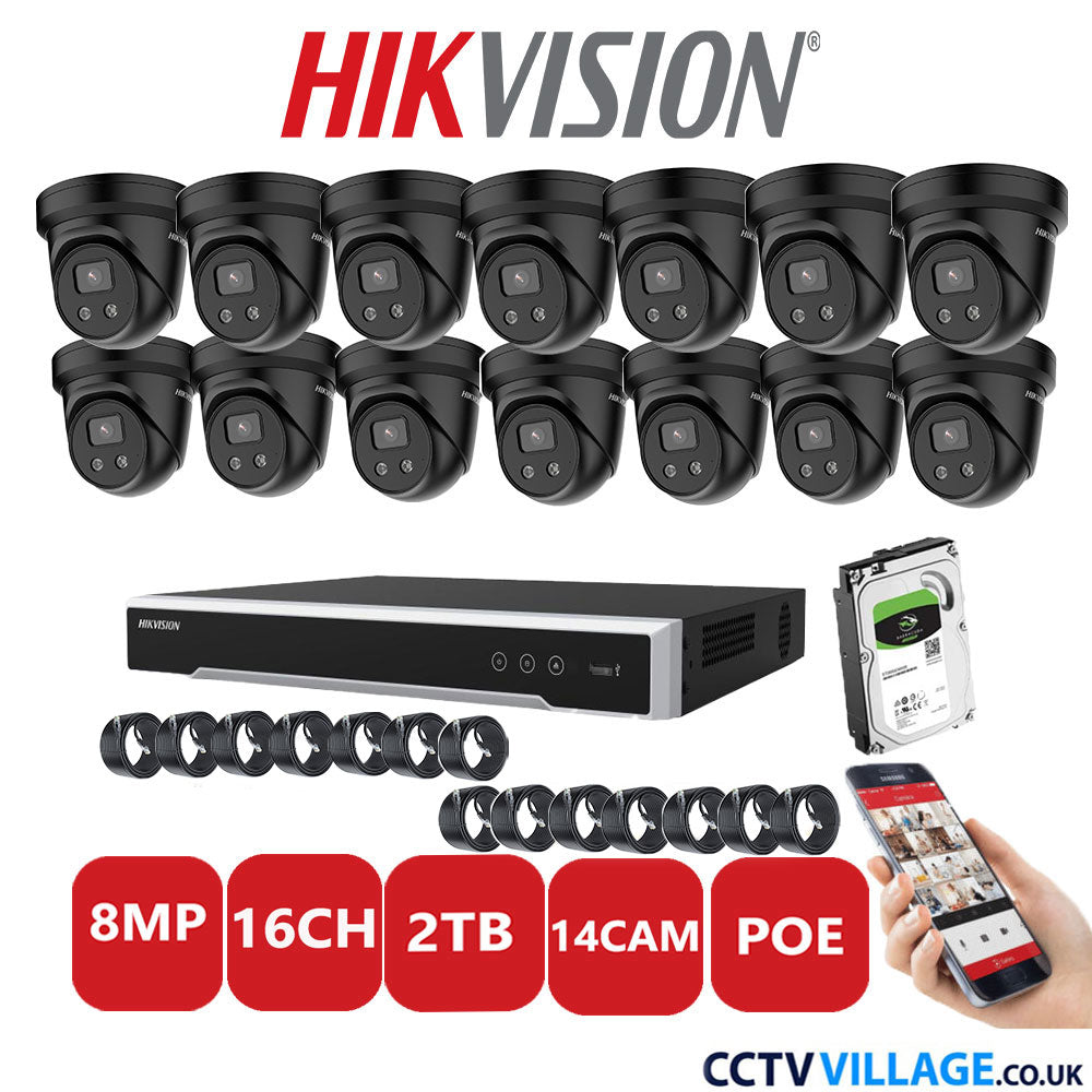 Hikvision 8MP IP CCTV System 16 Channel NVR-DS7616NI-I2/16P with 14x Turret Cameras DS-2CD2386G2-IU Black 2TB HDD Full Kit