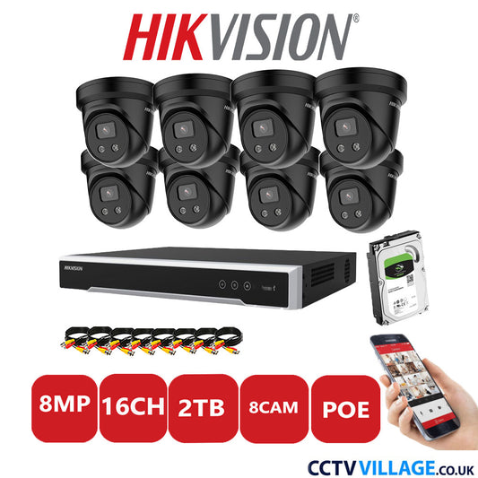 Hikvision 8MP IP CCTV System 16 Channel NVR-DS7616NI-I2/16P with 8x Turret Cameras DS-2CD2386G2-IU Black 2TB HDD Full Kit