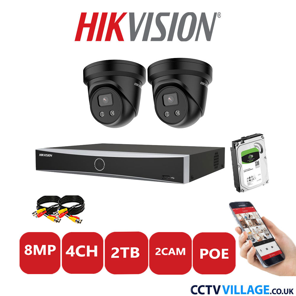 Hikvision 8MP IP CCTV Kit 4 Channel NVR-DS7604NXI-K1/4P with 2x Turret Cameras DS-2CD2386G2-IU Black 2TB HDD Full Kit