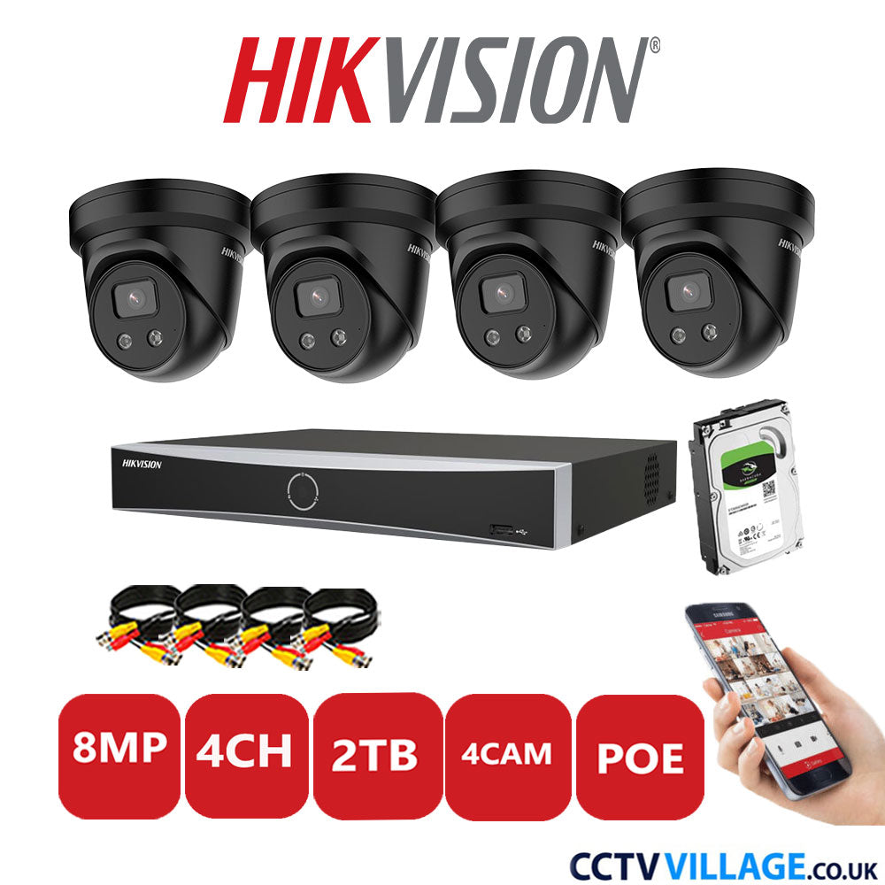 Hikvision 8MP IP CCTV Kit 4 Channel NVR-DS7604NXI-K1/4P with 4x Turret Cameras DS-2CD2386G2-IU Black 2TB HDD Full Kit