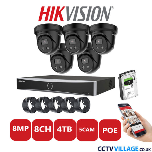 Hikvision 8MP IP CCTV System 8 Channel NVR-DS7608NXI-K1/8P with 5x Turret Cameras DS-2CD2386G2-IU Black 4TB HDD Full Kit