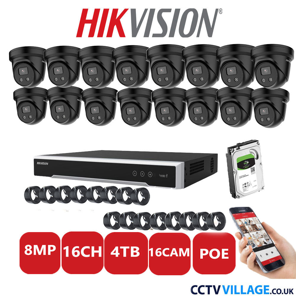 Hikvision 8MP IP CCTV System 16 Channel NVR-DS7616NI-I2/16P with 16x Turret Cameras DS-2CD2386G2-IU Black 4TB HDD Full Kit