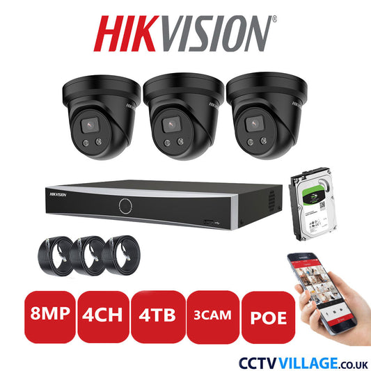 Hikvision 8MP IP CCTV System 4 Channel NVR-DS7604NXI-K1/4P with 3x Turret Cameras DS-2CD2386G2-IU Black 4TB HDD Full Kit