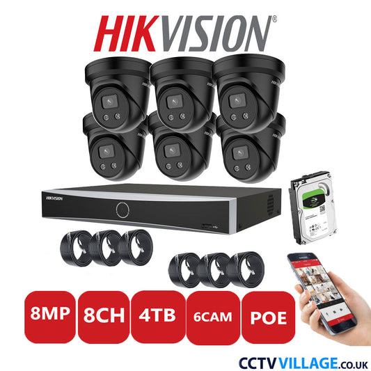 Hikvision 8MP IP CCTV System 8 Channel NVR-DS7608NXI-K1/8P with 6x Turret Cameras DS-2CD2386G2-IU Black 4TB HDD Full Kit