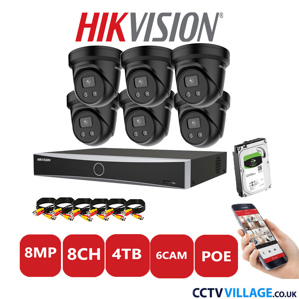 Hikvision 8MP IP CCTV Kit 8 Channel NVR-DS7608NXI-K1/8P with 6x Turret Cameras DS-2CD2386G2-IU Black 4TB HDD Full Kit