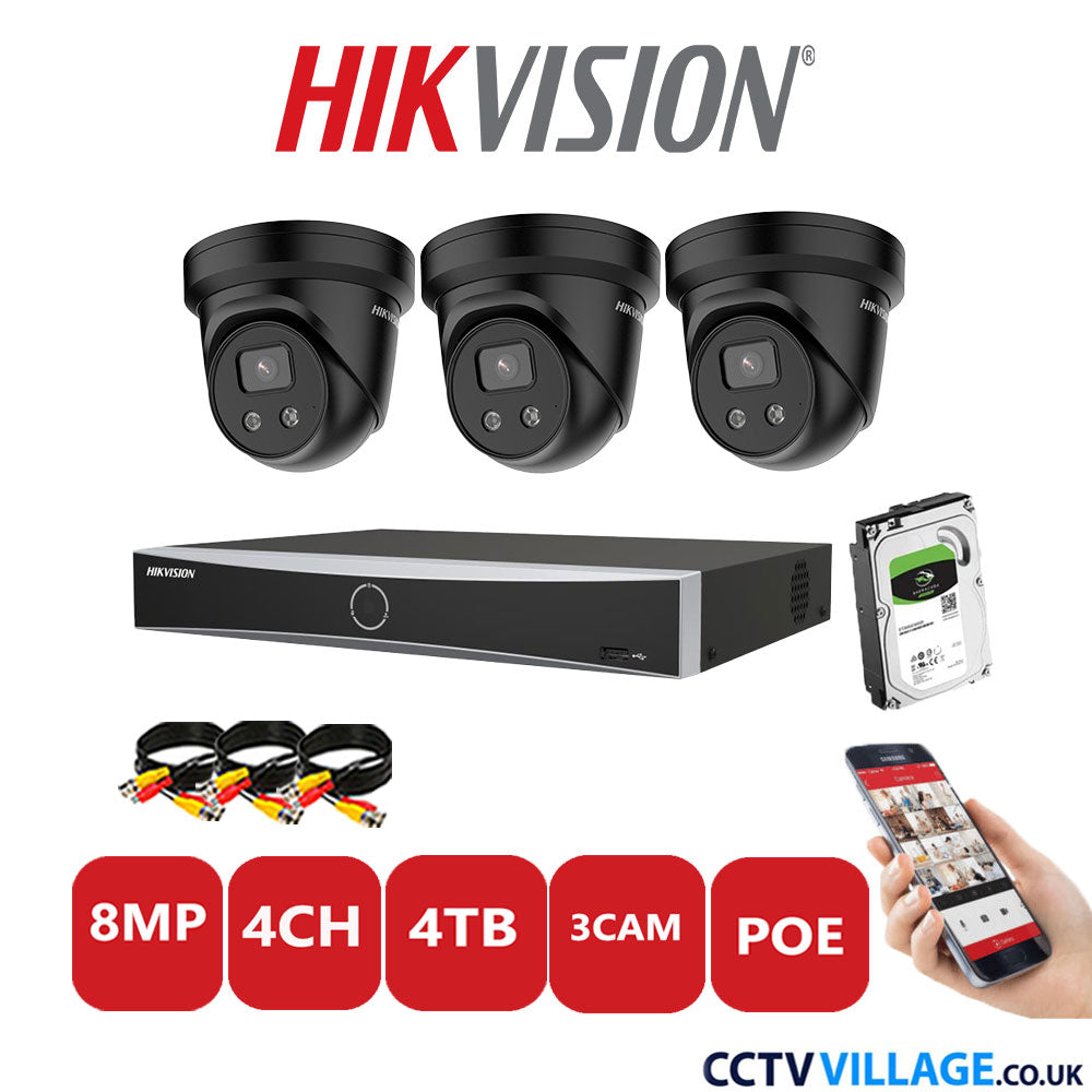 Hikvision 8MP IP CCTV Kit 4 Channel NVR-DS7604NXI-K1/4P with 3x Turret Cameras DS-2CD2386G2-IU Black 4TB HDD Full Kit