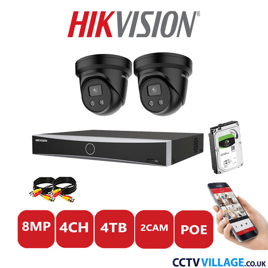 Hikvision 8MP IP CCTV Kit 4 Channel NVR-DS7604NXI-K1/4P with 2x Turret Cameras DS-2CD2386G2-IU Black 4TB HDD Full Kit