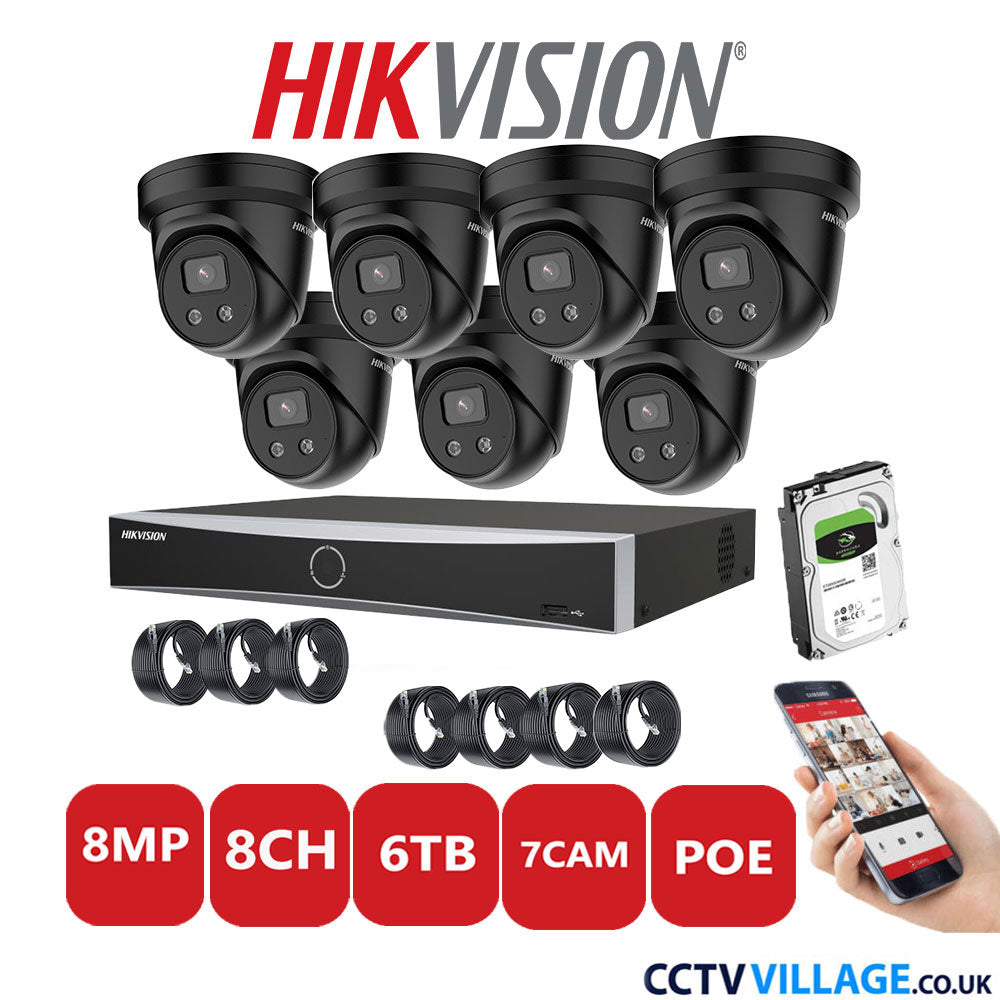 Hikvision 8MP IP CCTV System 8 Channel NVR-DS7608NXI-K1/8P with 7x Turret Cameras DS-2CD2386G2-IU Black 6TB HDD Full Kit