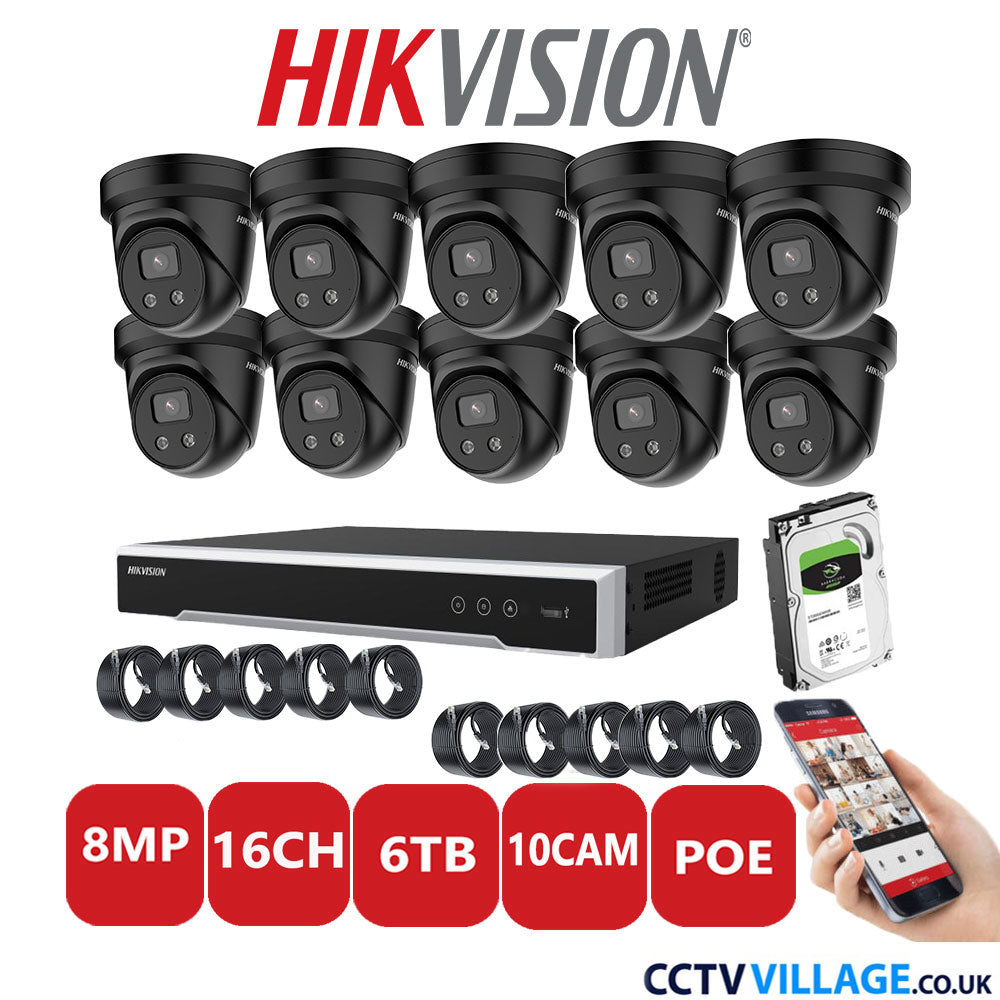 Hikvision 8MP IP CCTV System 16 Channel NVR-DS7616NI-I2/16P with 10x Turret Cameras DS-2CD2386G2-IU Black 6TB HDD Full Kit