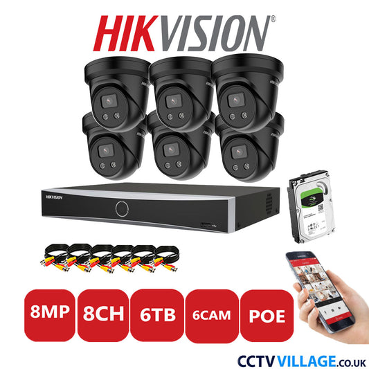 Hikvision 8MP IP CCTV Kit 8 Channel NVR-DS7608NXI-K1/8P with 6x Turret Cameras DS-2CD2386G2-IU Black 6TB HDD Full Kit