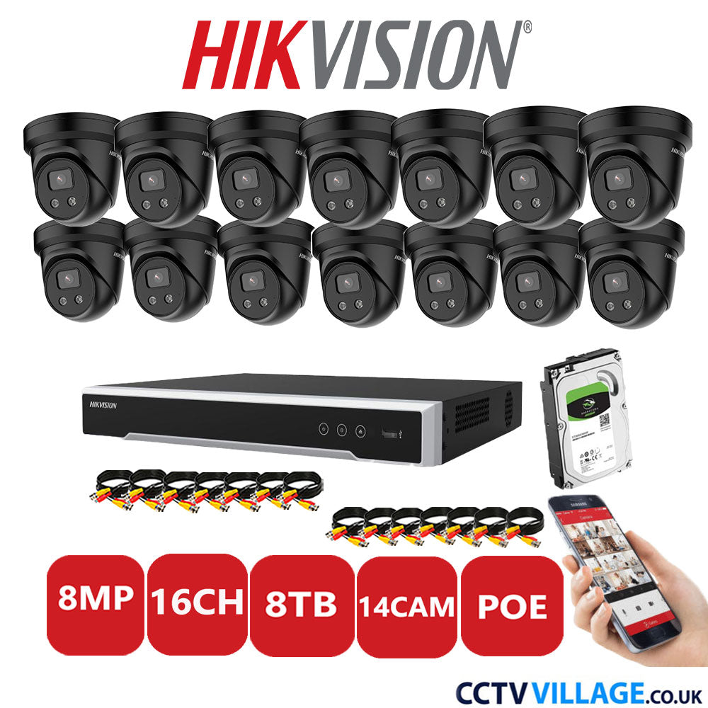 Hikvision 8MP IP CCTV System 16 Channel NVR-DS7616NI-I2/16P with 14x Turret Cameras DS-2CD2386G2-IU Black 8TB HDD Full Kit