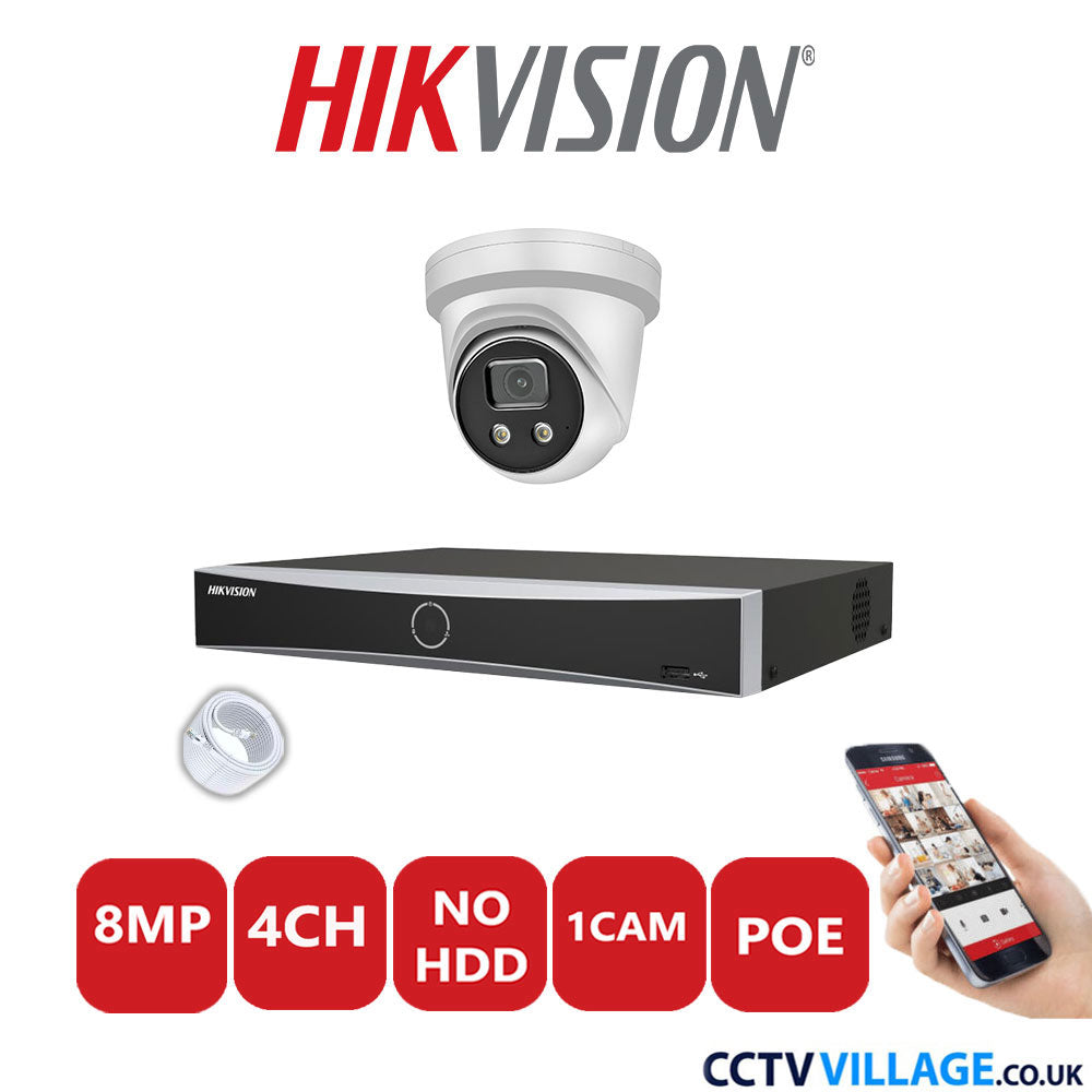 Hikvision 8MP IP CCTV System 4 Channel NVR-DS7604NXI-K1/4P with 1x Turret Camera DS-2CD2386G2-IU White No HDD Full Kit