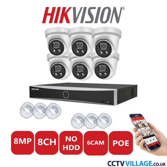 Hikvision 8MP IP CCTV System 8 Channel NVR-DS7608NXI-K1/8P with 6x Turret Cameras DS-2CD2386G2-IU White No HDD Full Kit