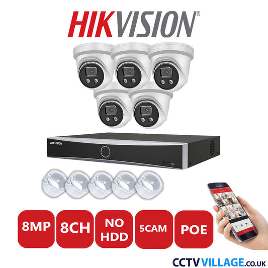 Hikvision 8MP IP CCTV System 8 Channel NVR-DS7608NXI-K1/8P with 5x Turret Cameras DS-2CD2386G2-IU White No HDD Full Kit