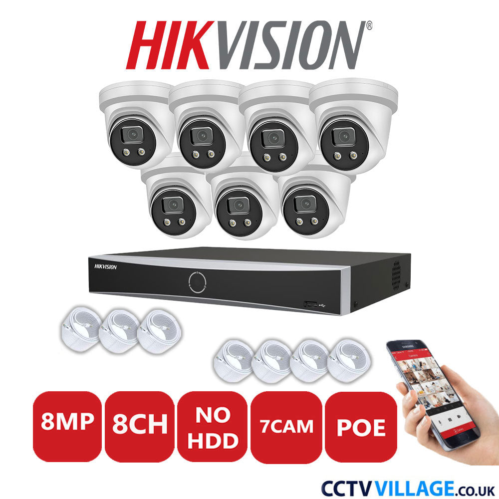 Hikvision 8MP IP CCTV System 8 Channel NVR-DS7608NXI-K1/8P with 7x Turret Cameras DS-2CD2386G2-IU White No HDD Full Kit