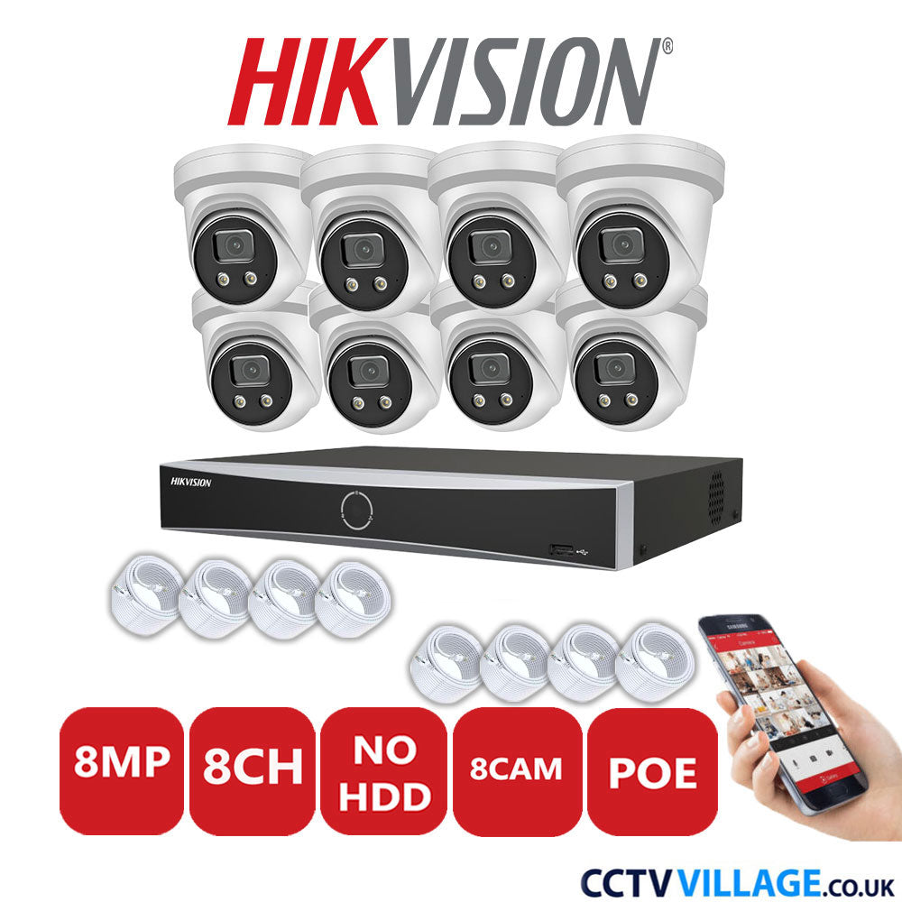 Hikvision 8MP IP CCTV System 8 Channel NVR-DS7608NXI-K1/8P with 8x Turret Cameras DS-2CD2386G2-IU White No HDD Full Kit