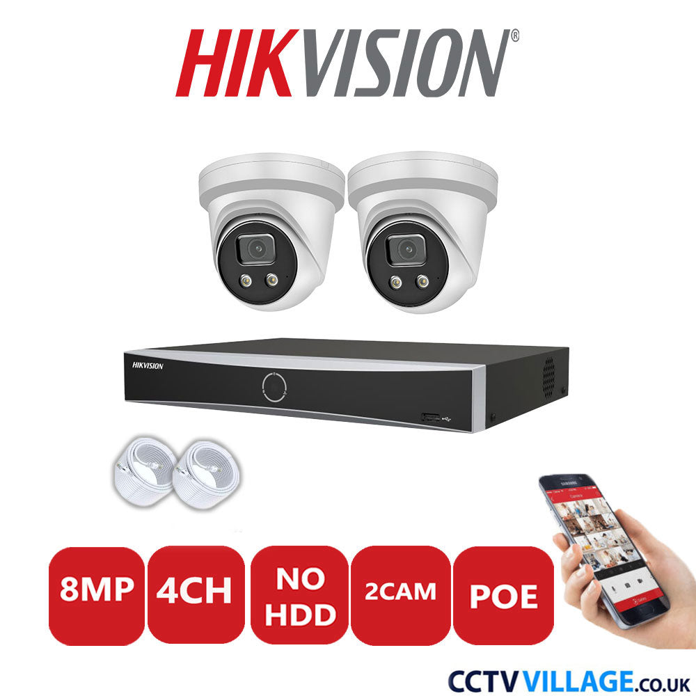 Hikvision 8MP IP CCTV System 4 Channel NVR-DS7604NXI-K1/4P with 2x Turret Cameras DS-2CD2386G2-IU White No HDD Full Kit