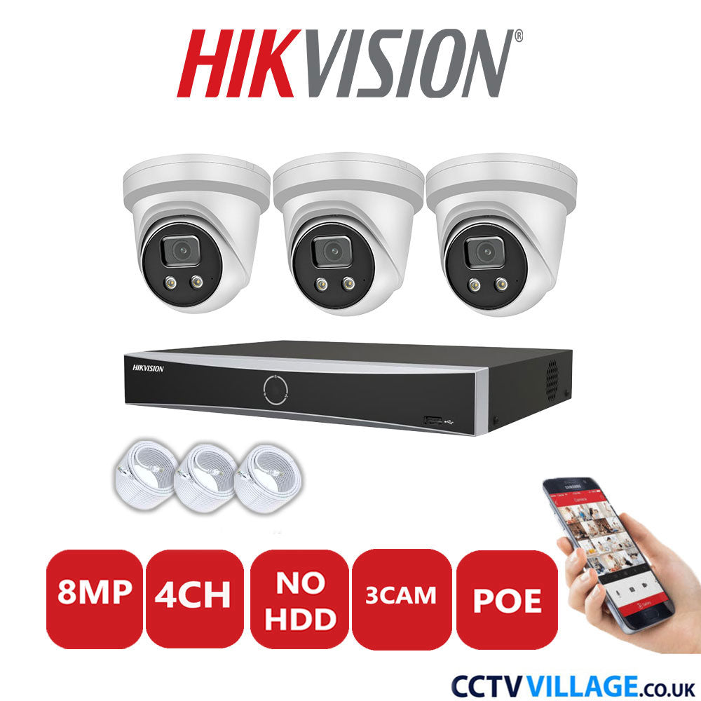 Hikvision 8MP IP CCTV System 4 Channel NVR-DS7604NXI-K1/4P with 3x Turret Cameras DS-2CD2386G2-IU White No HDD Full Kit