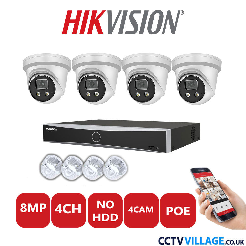 Hikvision 8MP IP CCTV System 8 Channel NVR-DS7604NXI-K1/4P with 4x Turret Cameras DS-2CD2386G2-IU White No HDD Full Kit