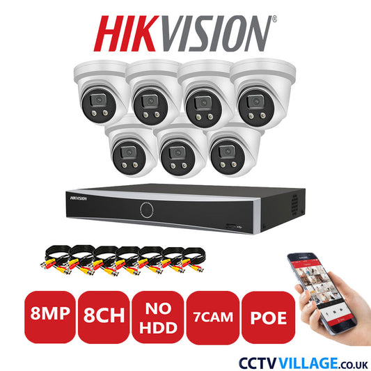 Hikvision 8MP IP CCTV Kit 8 Channel NVR-DS7608NXI-K1/8P with 7x Turret Cameras DS-2CD2386G2-IU White No HDD Full Kit