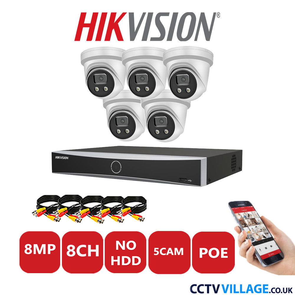 Hikvision 8MP IP CCTV System 8 Channel NVR-DS7608NXI-K2/8P with 5x Turret Cameras DS-2CD2386G2H-IU White No HDD Full Kit