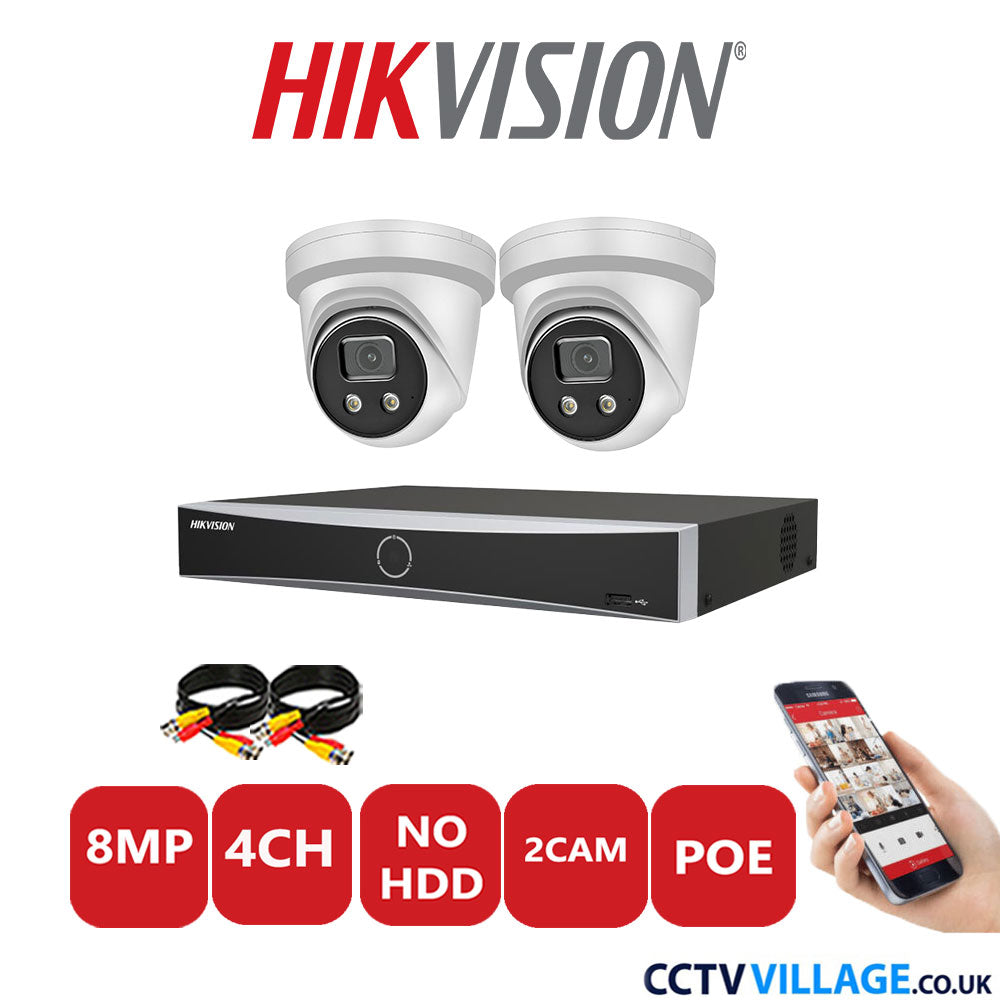 Hikvision 8MP IP CCTV Kit 4 Channel NVR-DS7604NXI-K1/4P with 2x Turret Cameras DS-2CD2386G2-IU White No HDD Full Kit